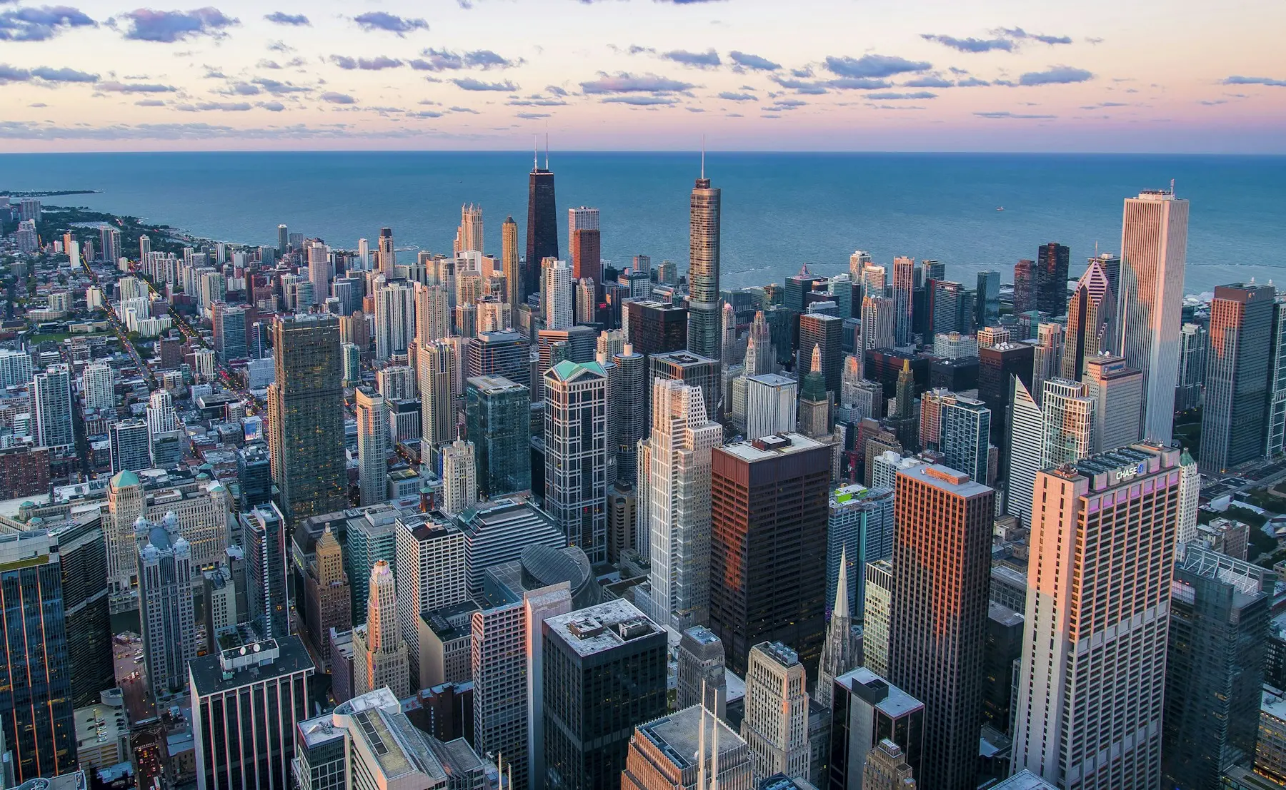 Aerial view of a dense urban district near the lake